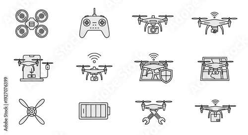 Drone Icons Set: Quadcopter, Remote, Camera, Battery, Propeller, Maintenance