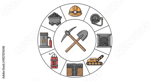 Mining tools and equipment arranged in a circular pattern, representing the industry.