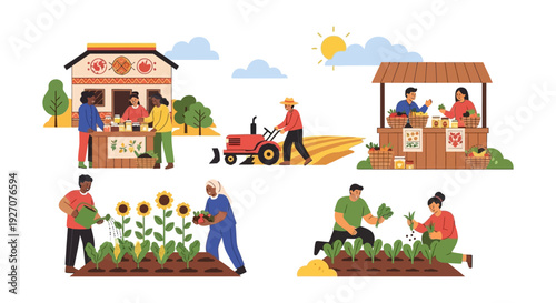 Diverse Farmers Working, Harvesting, and Selling Fresh Produce at Local Market. Agriculture and Gardening Illustration Set.