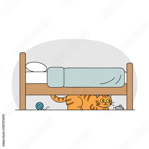 Orange tabby cat hiding under wooden bed with toy mouse and yarn ball in cozy bedroom interior concept of playful pet behavior