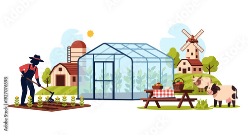 Sustainable Farming Illustration: Farmer working near Greenhouse, Barn, Windmill, and Cattle. Flat Vector for Organic Agriculture and Food Production.