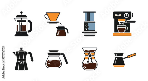 Coffee Brewing Methods Icon Set: French Press, Pour Over, AeroPress, Espresso, Moka Pot, Chemex