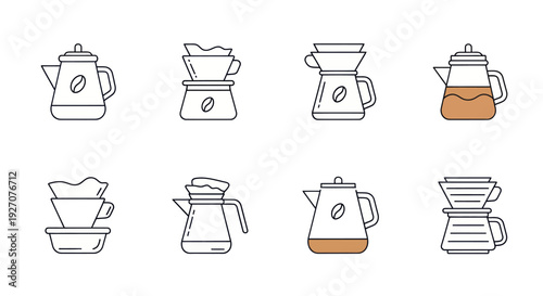 Coffee Brewing Methods Icons: Pour Over, Drip, Kettle, Filter - Vector Graphics