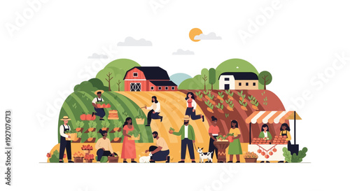 Diverse Community Farming and Harvest: Farmers Working Fields and Selling Fresh Produce at Local Market Stand. Flat Vector Agriculture Illustration.