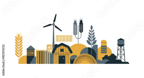Modern Flat Design Farm Illustration. Abstract Rural Landscape with Barn, Wind Turbine, Wheat Crops, and Silo representing Sustainable Agriculture.