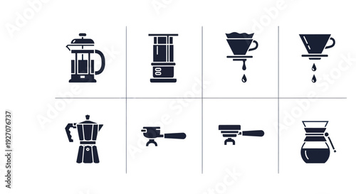 Coffee Brewing Methods Icons Set: French Press, Aeropress, Pour Over, Moka Pot