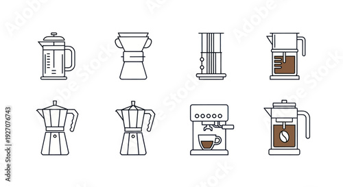 Coffee Maker Icons: French Press, Pour Over, AeroPress, Moka Pot, Espresso Machine