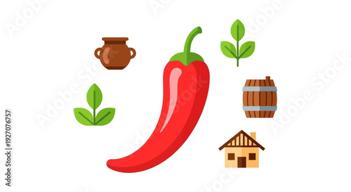 Flat Design Icon Set: Red Chili Pepper, Rustic Barrel, Clay Pot, and Farm House Symbols for Traditional Cooking and Farming Concepts