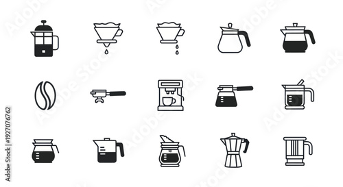 Coffee Brewing Methods Icons Set: French Press, Pour Over, Drip, Espresso
