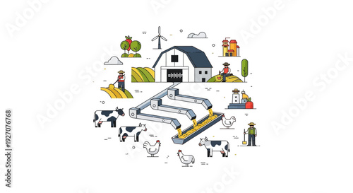 Modern Automated Farm Concept: Livestock Feeding System with Cows, Chickens, Barn, and Farmers. Agriculture Technology and Sustainability Vector Illustration.