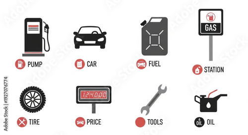 Gas station and car service icons representing fuel, tires, and tools for vehicles.