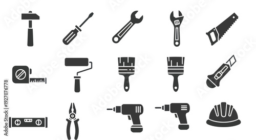 Collection of construction and repair tools icons. DIY, renovation, maintenance symbols.