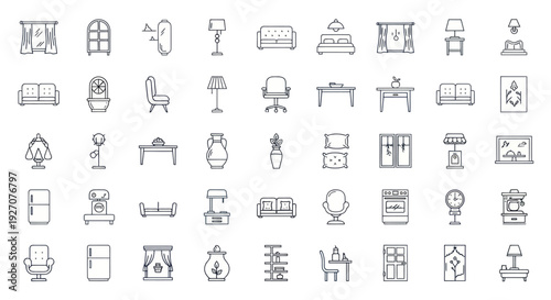 Collection of Furniture and Home Decor Icons: Line Art Style