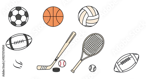 Collection of Various Sports Equipment and Balls on White Background