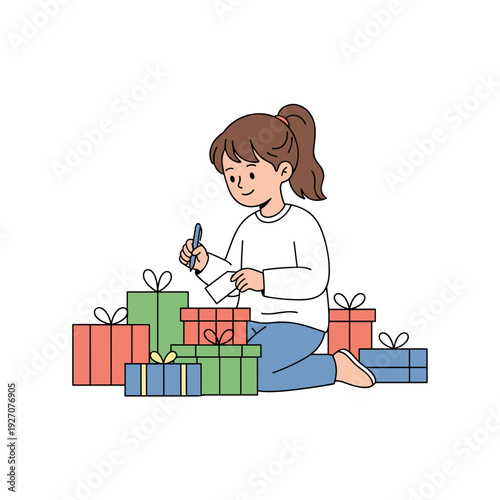 Young girl kneeling and placing name tags on colorful wrapped presents concept of holiday preparation and gift giving celebration