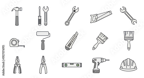 Construction and DIY Tools Collection: Hammer, Saw, Wrench, Drill, Hard Hat Icons