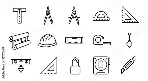 Construction and Drafting Tools Icon Set: Blueprint, Compass, Ruler, Hard Hat
