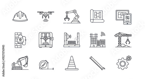Construction Technology Icons: Drone, Robot Arm, Blueprint, 3D Printer, Crane