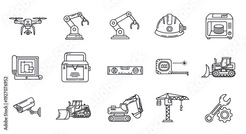 Construction and Industry Icons: Drone, Robot Arms, Tools, Machinery, Blueprint