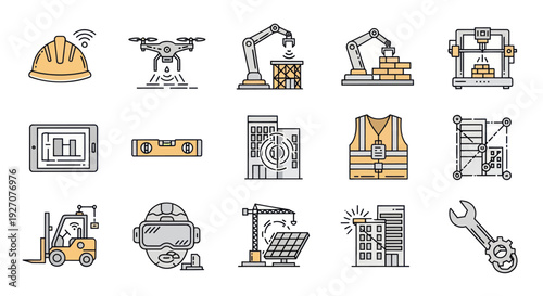 Construction Technology Icons: Smart Building, Drone, VR, Crane, Safety Gear