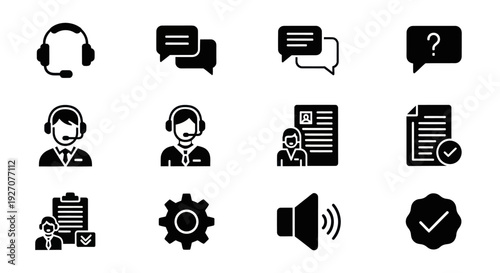 Customer Support Icons: Headset, Chat, Agent, Resume, Gear, Sound, Checklist