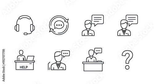 Customer support icons: headset, chat bubble, help desk, question mark