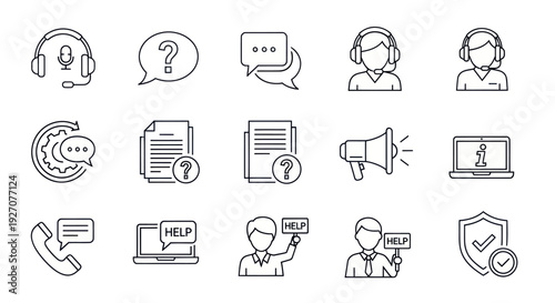 Customer Support Icons: Headphones, Help Desk, Chat, Megaphone, Laptop