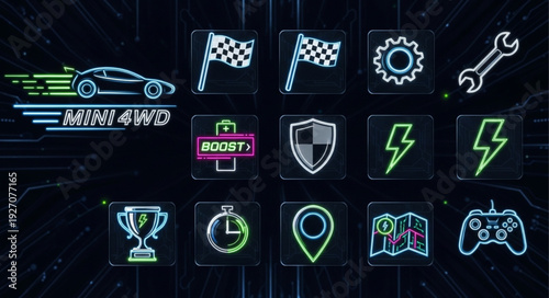 Neon racing game icons representing various game features and options for players.