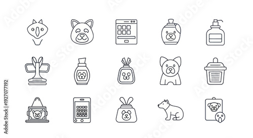 Cute Dog and Pet Care Icons Collection - Line Art Vector