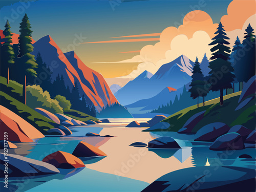 Mountainous River Valley at Sunrise