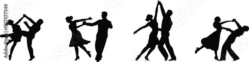 Elegant dance couple silhouettes performing ballroom moves, swing, tango, and romantic lifts, perfect for dance art, posters, and design visuals