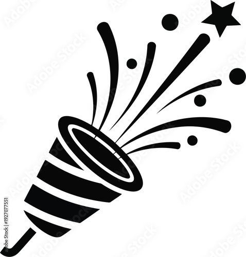 Black and white illustration of a party popper with star and confetti vector illustration