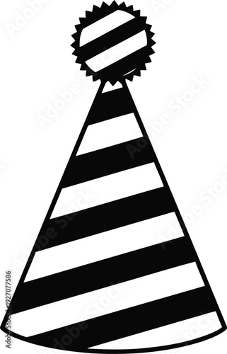 Black and white illustration of a party hat with a striped pattern and a decorative topper vector illustration