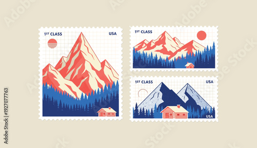A set of vibrant mountain range postcards showcase majestic peaks, serene forests, and peaceful valleys, evoking a sense of adventure and exploration. 