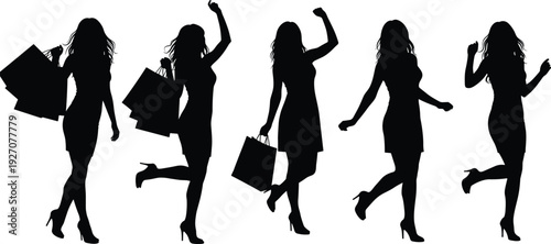  Energetic young women celebrating shopping spree, diverse group of female friends enjoying retail therapy, stylish girls with shopping bags, dynamic silhouettes for fashion and lifestyle concepts
