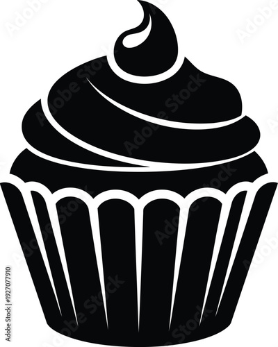 A black cupcake with swirly frosting on a vector illustration