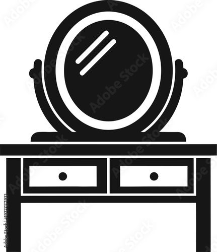 A simple, black-and-white illustration of a table with a round mirror and drawers.