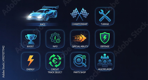 Racing Game Interface - Explore Options, Customize, and Compete in the Ultimate Racing Experience.