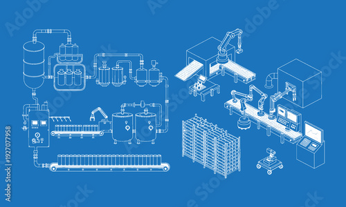 Lithium Battery Production Facility Vector Line Art – Modern Industrial Technology Manufacturing Plant, EV Battery Factory Infrastructure, Renewable Energy Storage Industry, Hand Drawn Black and White