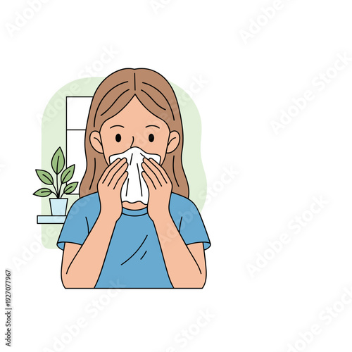 Young girl pressing tissue to nose indoors near houseplant concept of seasonal allergy cold and health care awareness
