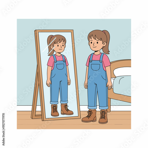 Smiling girl in denim overalls admiring new brown boots beside mirror in bedroom concept of self confidence and personal style