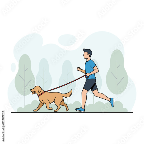 Young man jogging with golden retriever on leash in foggy park landscape concept of healthy lifestyle and morning exercise