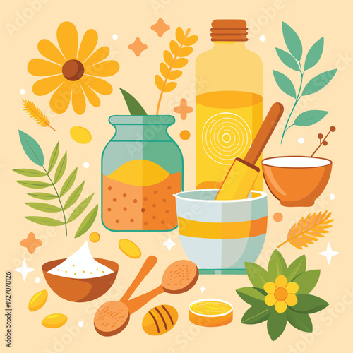 Flat lay illustration of various natural ingredients