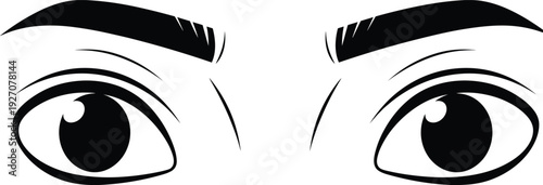 Expressive human eyes with thick eyebrows, bold eye makeup, black and white illustration, detailed eye art, facial features, intense gaze, eye drawing, artistic eye design