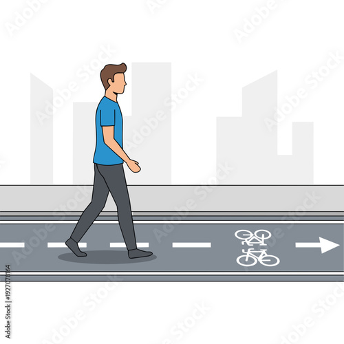 Young man walking beside marked bicycle lane in urban cityscape concept of sustainable transport and pedestrian safety