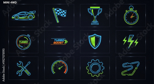 Neon racing icons representing speed, competition, and automotive elements on a dark background.
