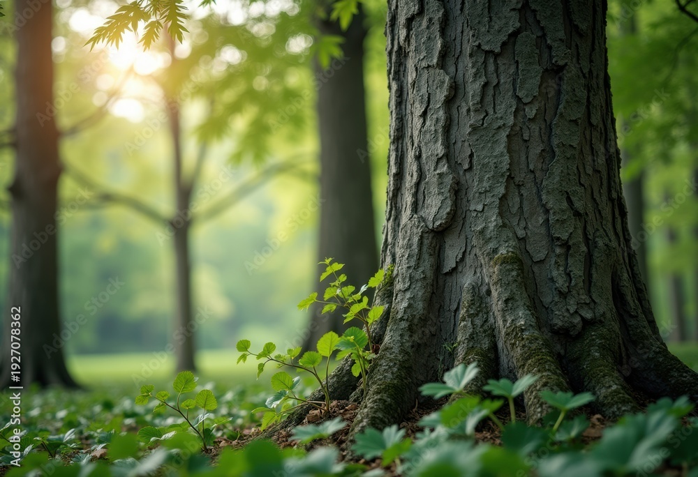 Fototapeta premium Majestic Beech Tree with Expertly Textured Gray Bark Against a Timeless Forest Backdrop