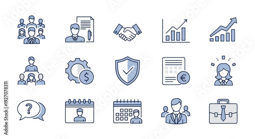 Business Icons Set: Team, Contract, Handshake, Growth, Finance, Security, Calendar, FAQ