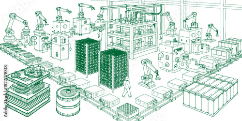 Lithium Battery Production Facility Vector Line Art – Modern Industrial Technology Manufacturing Plant, EV Battery Factory Infrastructure, Renewable Energy Storage Industry, Hand Drawn Black and White