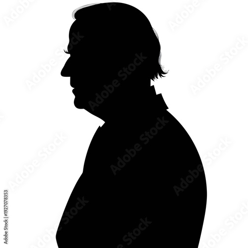 Modern minimalist black silhouette portrait illustration of a charismatic male figure with distinguished hair and profile, representing leadership and classic style